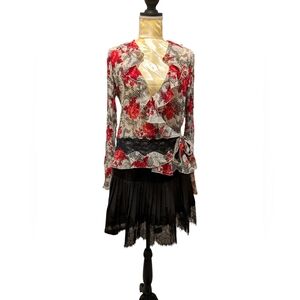 Early 2000's Whimsygoth Black Red Cream Floral Blouse